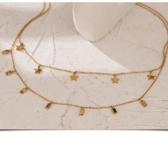 NEW 18K Gold Plated Star Square Drop Double Layer Necklace - Picture 7 of 7